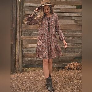 New Boho Floral Mini Dress Tiered Ruffle Mini Burgundy Red Brown White